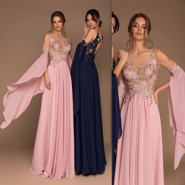 Modest Pink Sliviamo A Line Prom Dress Gioiello Manica corta Hollow Applique in pizzo Abito da festa Sweep Train robes de soir￩e
