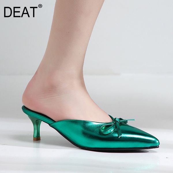 

deat] 2020 new spring summer sharp toe shallow bowknot pu leather small thin heels slippers women shoes fashion tide 10g866, Black