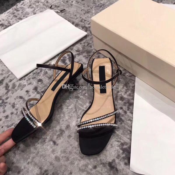 

new sandals women mid heel sandal luxury black ankle strap crystals shoes women summer sandals classic leather party shoes