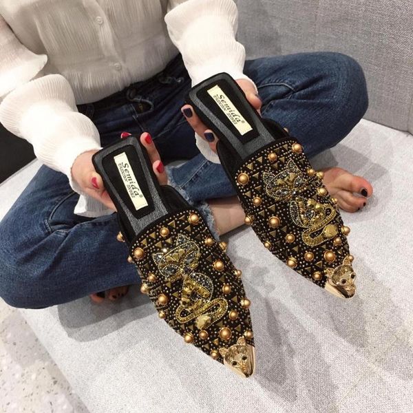 

cover toe shoes woman's slippers flock slides mules for women 2020 fashion new flat luxury pointed soft pu basic chain shoes, Black