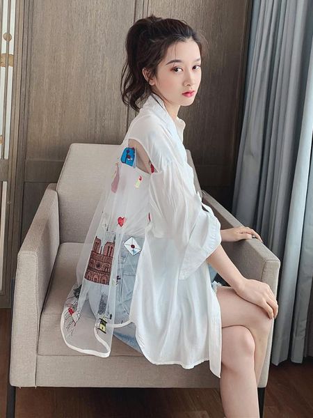 

new women sun protection clothing lady summer see through mesh patchwork lapel long sleeve femme backless loose shirt, White