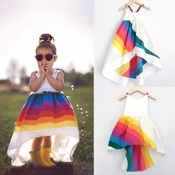

2019 summer brand new princess dress kid baby girls party pageant cute sleeveless backless strap rainbow beach tutu dresses 1-6t, Red;yellow