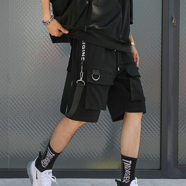 

streetwear ribbons casual mens shorts 2020 summer hip hop male shorts black knee length multi-pockets punk short pants men