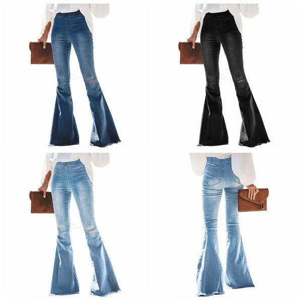 

ripped hole flare jeans pants slim vintage bootcut wide leg flared jeans office lady bell bottoms denim plus size women clothing f0007, Blue