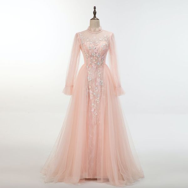 

high collar fairy pink wedding dresses crystal and pearls beading long sleeve wedding dresses floral lace appliques a line wedding dresses, White