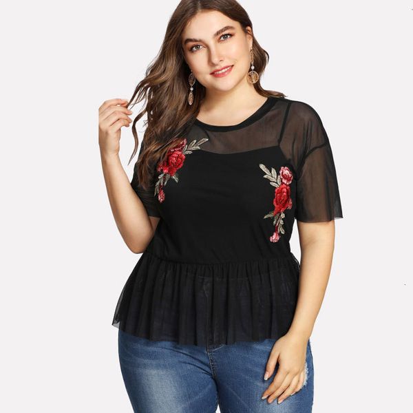 

ruffle blouse women size plus summer black blouse women floral round neck short sleeve rose short applique ruffle slim top, White