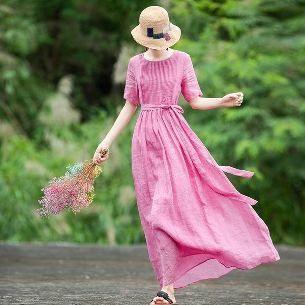 

alabifu summer dress women 2020 casual vintage slim sashes a line dress plus size 4xl long party vestidos korea pink, Black;gray