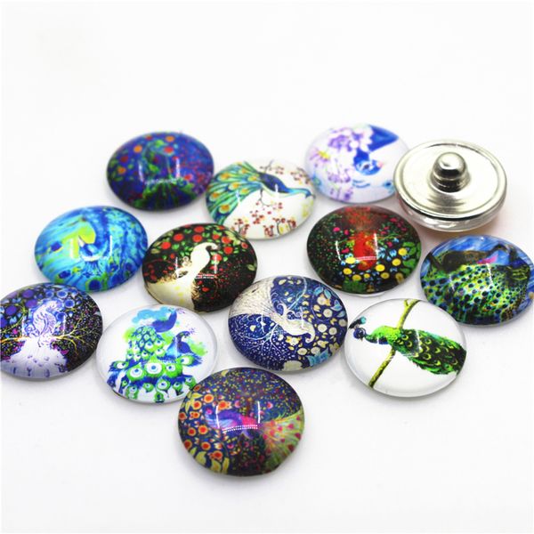 

new arrive 10pcs mix random peacock snap buttons fit 18mm glass snap bangle bracelets diy jewelry buttons charms, Golden;silver
