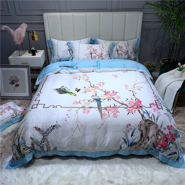 Birds Flowers Printed Tencel Lyocell Duvet Cover Softest Silky