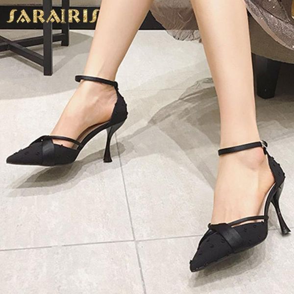 

sarairis 2020 new design dropship high heels buckle strap summer sandals woman shoes pointed toe party shoes women sandals, Black