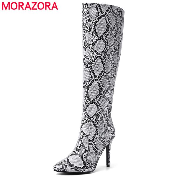 

morazora 2020 new winter autumn knee high boots women fashion snake pu stiletto heels ladies boots party shoes, Black