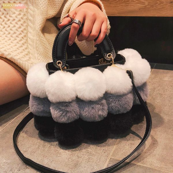

winter faux fur new ladies cute tote bag women designer handbag hair ball shoulder messenger bags bolsos mujer