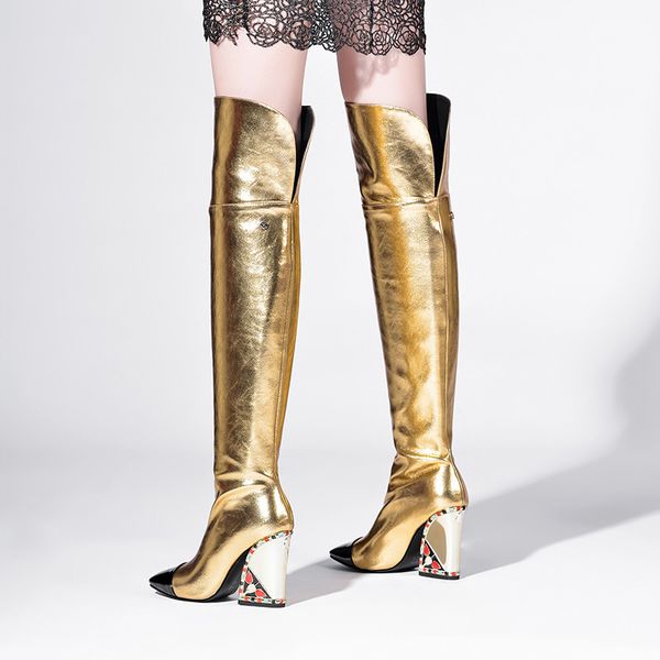 

2020 gold over the knee boots women genuine leather thigh high boots runway shoes square toe high heels ladies party shoes woman, Black