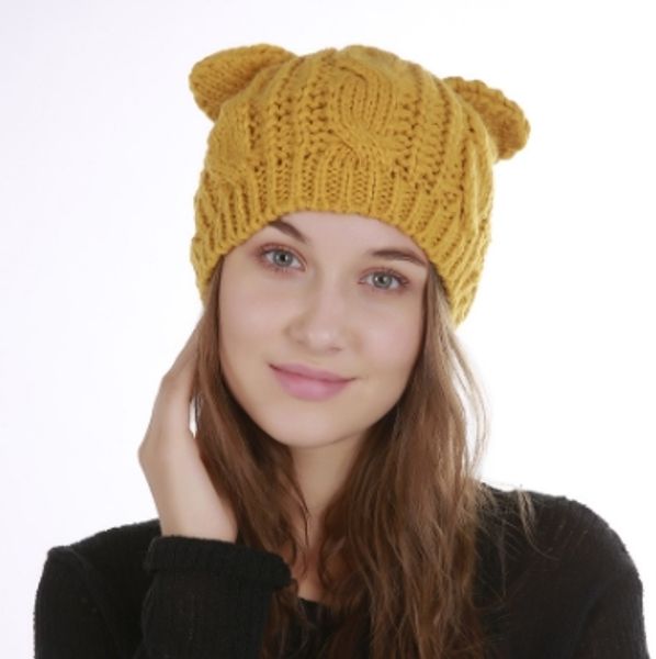 

autumn and winter new solid color casual knitting warm caps women's jacquard cross cat ears cute wool hat single layer hats wholesales, Blue;gray