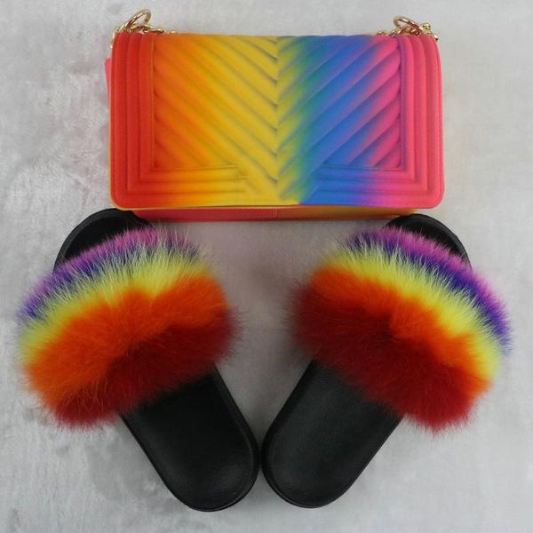 

summer new color frosted rhombic jelly bag with rainbow real fur grass lady's sandal set fashion fur shoe bag and suit, Black