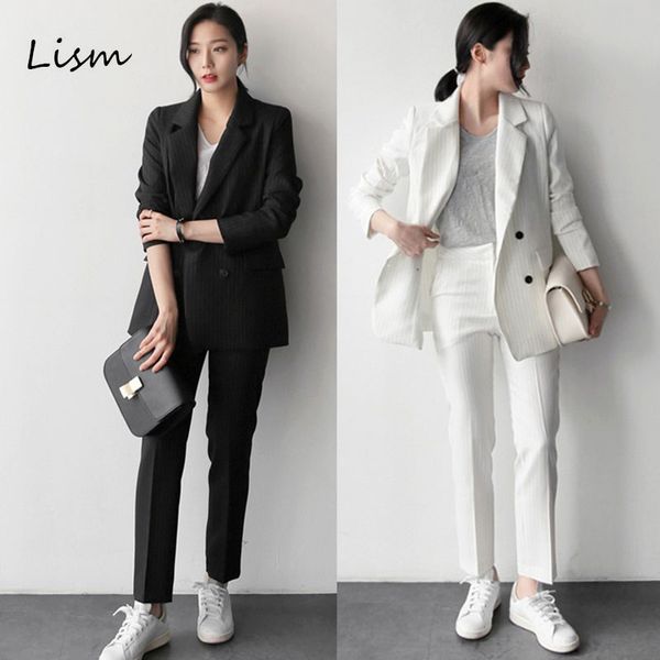 

lism two piece set and pants fashion high street striped double treated jacket + pants set 2 piece outfits for women, White