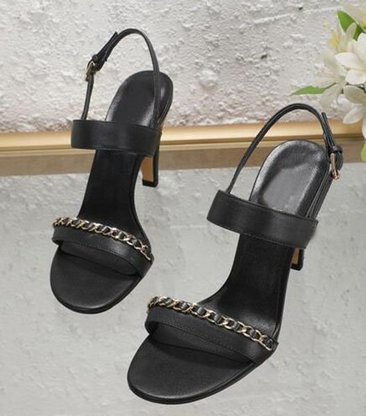 

оригинальная коробка] sexy new chan3l женские туфли на высоком каблуке 85 мм сандалии летняя овчина с пряжкой цепи обувь размер 35-40, Black