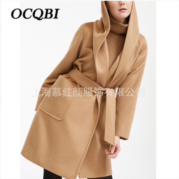 

women's wool & blends plus size fashion women long coat cashmere hooded elegant casual winter coats, Black