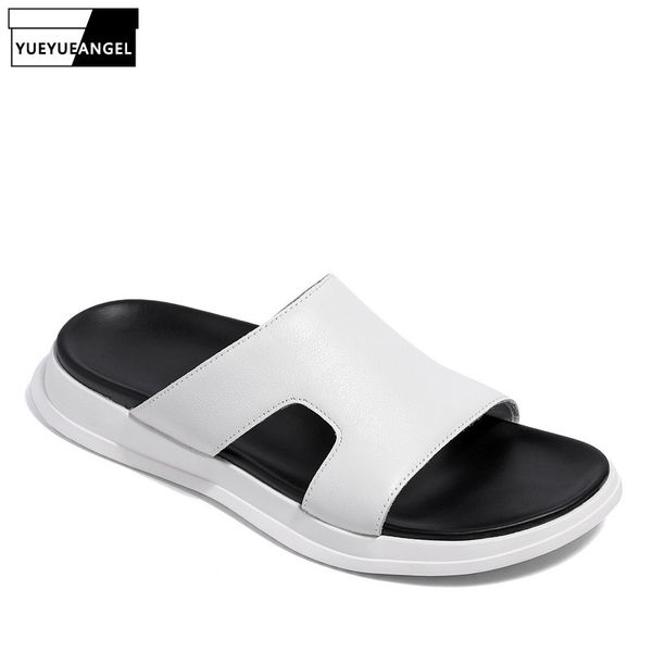

2020 summer 100% real leather slippers men outside casual slides breathable beach slippers white platform sandals, Black