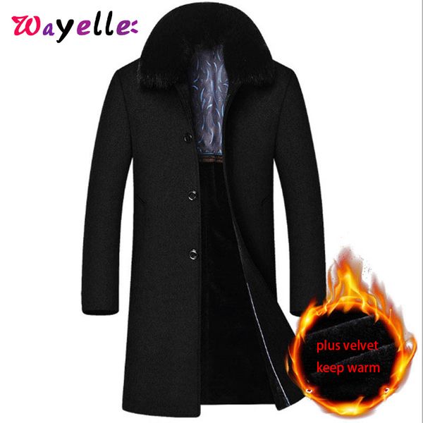 

2019 new winter men's casual warm wool trench coat fashion long solid fur collar thicken single breasted windbreaker overcoats, Black
