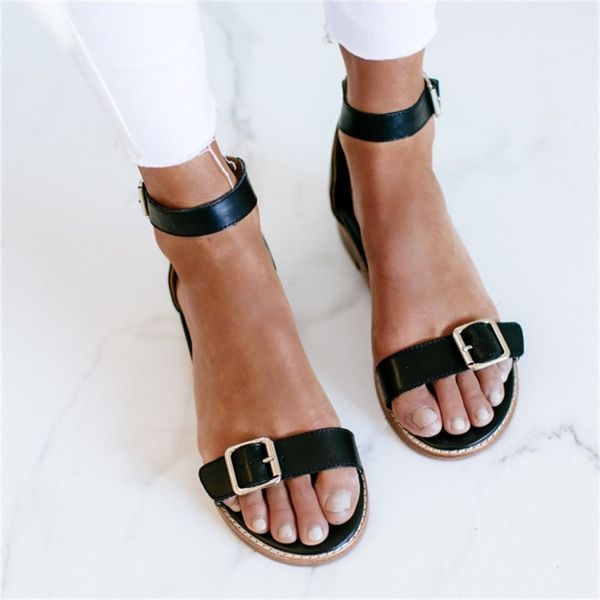 

new 2020 sandals summer women shoes lightweight fashion buckle striped sandals black retro flat toe strap