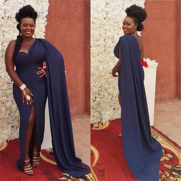 

sheath one shoulder navy blue prom dress with watteau train african women party dress with front slit, Black