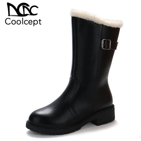 

coolcept women mid calf boots fashion thick fur warm winter shoes women buckle zipper plush office lady footwear size 35-40, Black