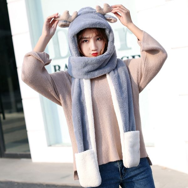 

women's winter hat scarf glove 3 in 1 cute christmas antler cat ears caps thick warm soft plush windproof scarves gloves, Blue;gray