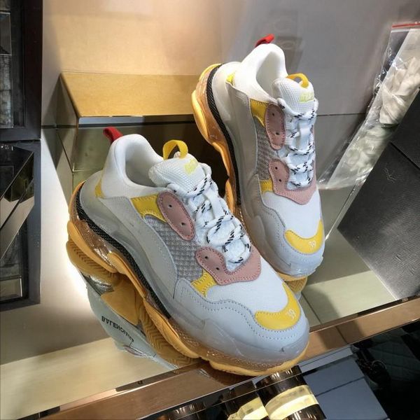 

New men women yellow with beige leather patchwork platform neaker de igner thick bottom cau al dad hoe 35 45 drop hipping