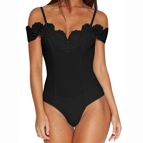 

2019 black/white off shoulder bodysuit women crochet v neckline bodysuits skinny body jumpsuit femme romper combinaison