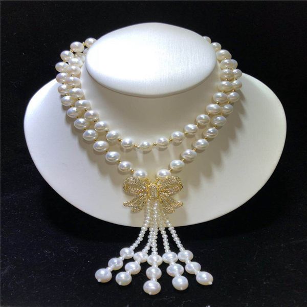 

handmade 3-4mm 8-9mm white freshwater cultured pearl micro inlay zircon accessories tassel pendant sweater necklace 95-105cm, Silver