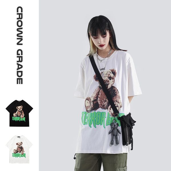 

brand fashion luxury designer men crowngrade original street bear print wash couple short-sleeved t-shirt cartoon teddy bear aby t-shirt men, White;black