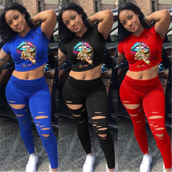 

womens hole lip print tracksuits fashion autumn slim fit short sleeve trousers 2pcs suits designer female round neck short tshirt sets, Gray
