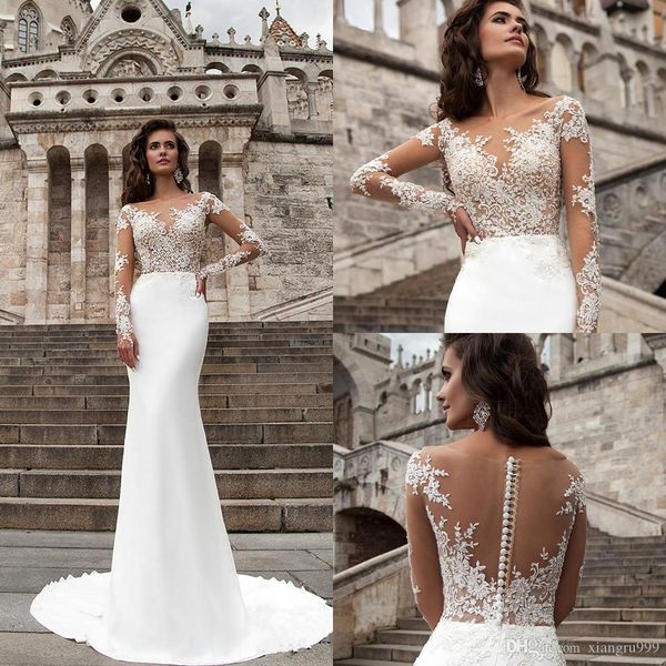 

setwell wedding dress sheer illusion jewel long sleeves wedding gowns appliqued sweep train long mermaid bridal dress, White