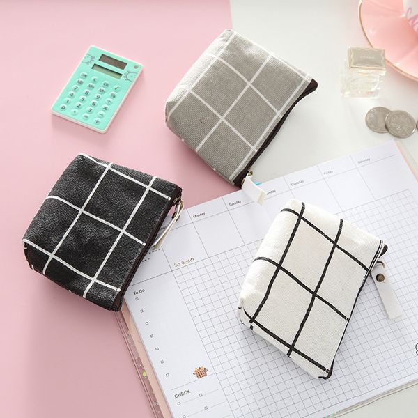 

1pc zip cotton linen coin purse nordic style simple fashion key case plaid storage bag