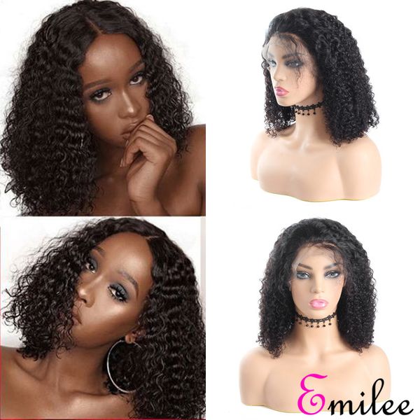

emilee remy jerry curly wigs 14" half lace remy hair curly wigs pre plucked with baby hair shoulder length curly wigs, Black;brown