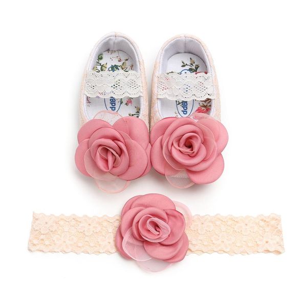 

baby girl lace princess shoes toddler first walkers with flower headband soft soled non-slip footwear prewalkers newborn gift