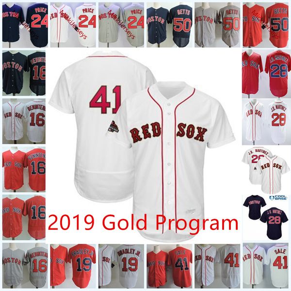 

#15 Dustin Pedroia Jersey 16 Andrew Benintendi 19 Jackie Bradley 28 JD. Martinez 41 Chris Sale 50 Mookie Betts 2019 Gold Program Jersey