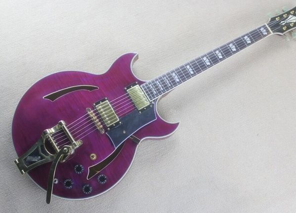 

double notched half hollow large rocker electric guitar purple body golden accessories jade button , guitar case available