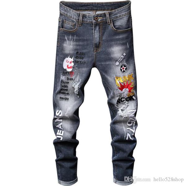

fashion mens designer stretch destroyed jeans embroidered patches washed motocycle ripped denim pants hip hop trousers streetwear, Blue