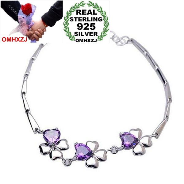 

omhxzj wholesale fashion woman girl party gift heart leaves lucky flower purple zircon 925 sterling silver bracelet bangle sz117, Golden;silver