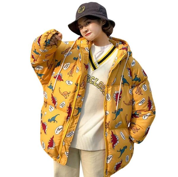 

winter cartoon dinosaur loose hooded thick coat women, Black;brown