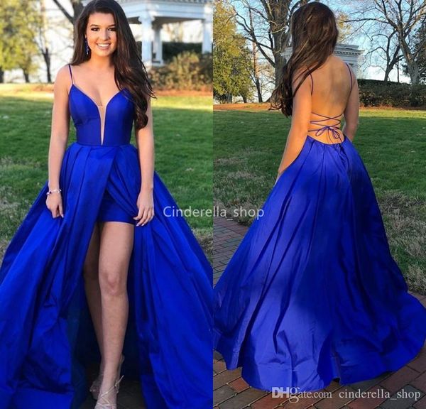 Sexy novo barato simples azul royal vestidos de baile cintas de espaguete com decote em v a linha alta lateral divisão formal vestidos de festa de noite ogstuff personalizado