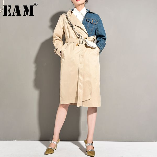 

eam] 2019 new autumn winter lapel long sleeve hit color khaki denim irregular stitch long jacket women coat fashion tide ye537, Black;brown