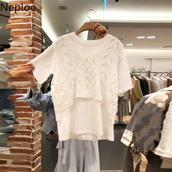 

neploe korean 2020 spring summer t shirt sets short sleeve o-neck tee + knitted vest women fashion two pieces suits 58656, White