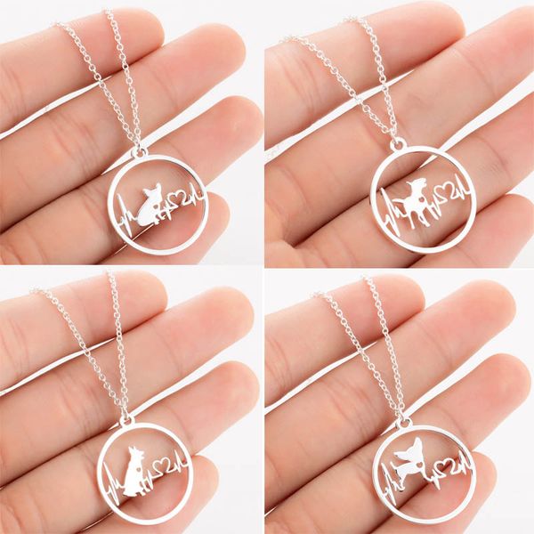 

stainless steel animal dog heartbeat pendant necklace for women jewelry wolf ecg heart beat necklace for women jewelry, Silver