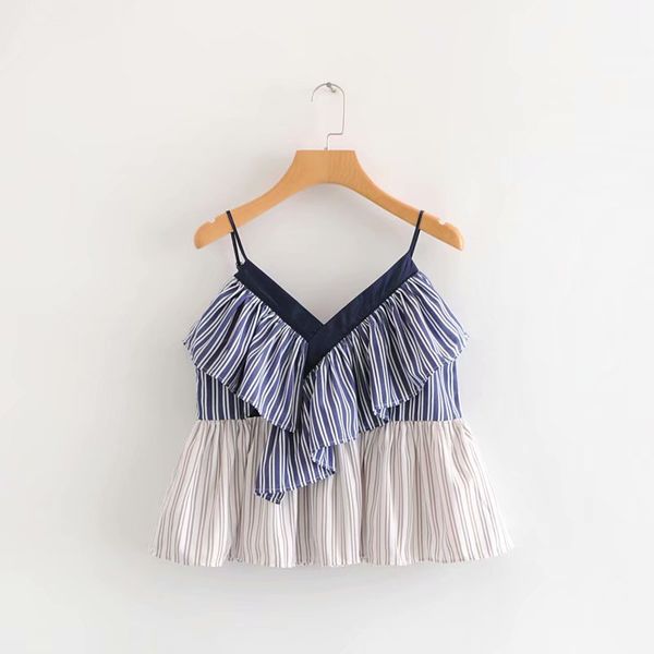 

fashion 2019 summer women casual patchwork tank short sleeveless v-neck camis ruffles striped crop, White
