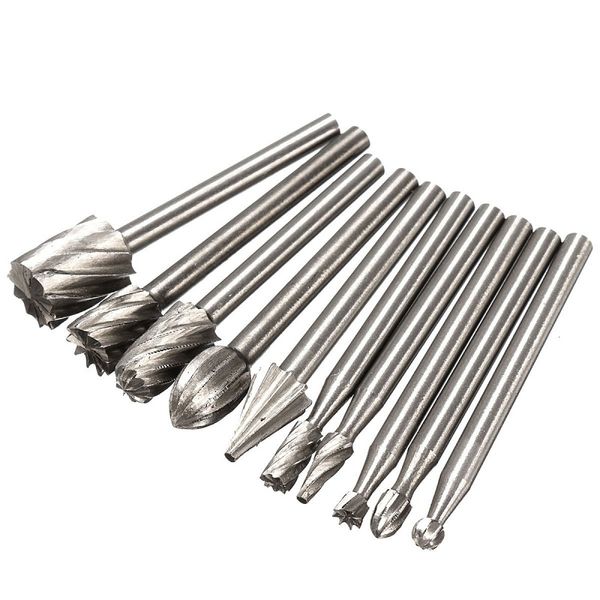 

10pcs hss routing router grinding bits burr file set milling cutter 1/8 inch shank for dremel engraving wood rotary tool