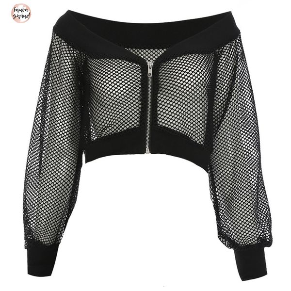 

сексуальная блузка разрез шеи готика короткие женщины сетки через слэш шеи hollow плеча с длинным рукавом club street гот, White