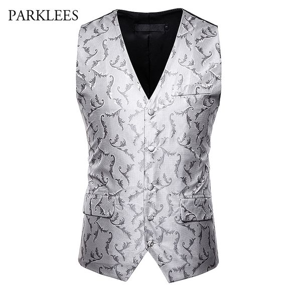 

sliver jacquard mens suit vests 2019 new single breasted dress waistcoat men party prom club wedding gilet chaleco hombre xxl, Black;white